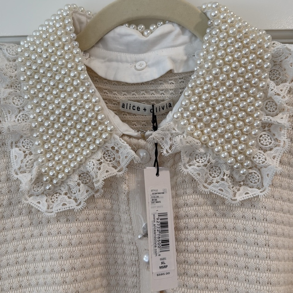 ALICE + OLIVIA Cream Knit Cardigan with Pearl Details NWT size xl - Picture 3 of 5
